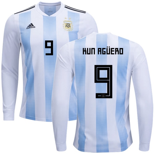Argentina #9 Kun Aguero Home Long Sleeves Soccer Country Jersey